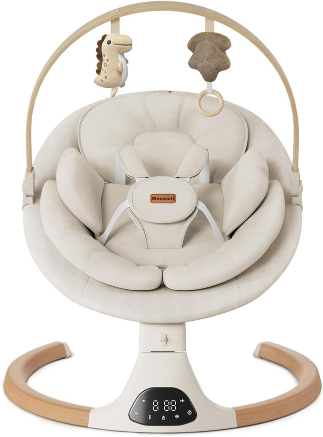 Monamii Bluetooth Baby Swing for Infants, 5 Sway Motions, 10 Melodies, Remote Control and Auto-Rocking, Light Beige