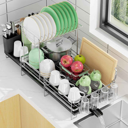 Large 2 Tier Dish Drying Rack, Extendable Dish Rack, Stainless Steel Anti-Rust D