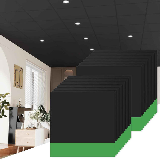 LooYee 24 PCS 24 x 24 Inch Black Drop Ceiling Tiles, 2 x 2FT PVC Smooth Ceiling