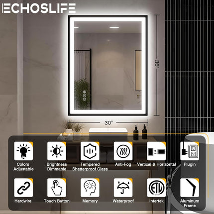 EchosLife 30x36 LED Bathroom Mirror with Lights - Black Framed, Front and Backli