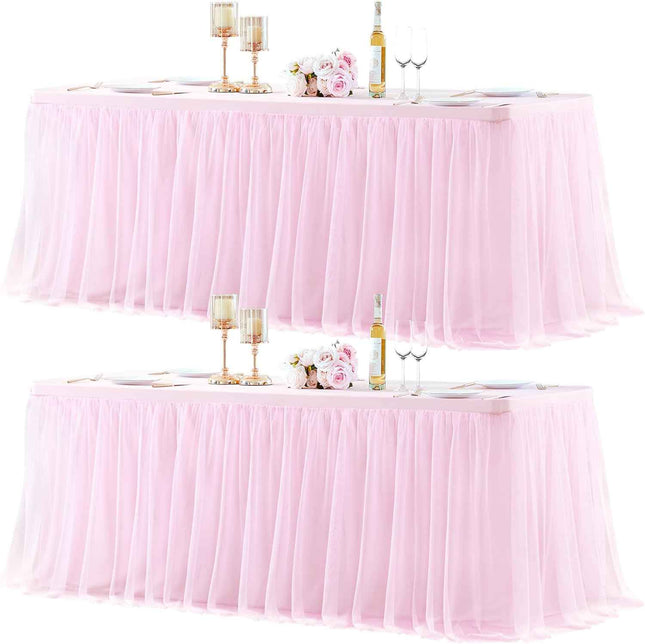2 Pack Pink Table Cloth for 6 Foot Rectangle Tables, Pink Tulle Table Skirt Stre