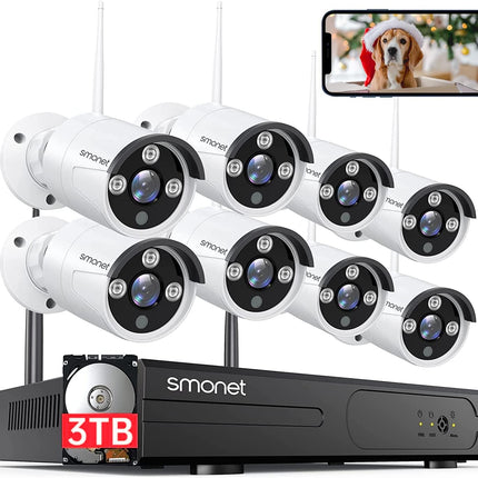 SMONET 8 Channel Wireless Security Camera System, 5MP HD with Audio, 3TB Hard Drive NVR, Color Night Vision