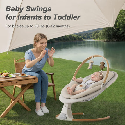Monamii Bluetooth Baby Swing for Infants, 5 Sway Motions, 10 Melodies, Remote Control and Auto-Rocking, Light Beige