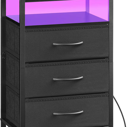 HOOBRO Nightstand with Charging Station, Bedside Table with AC Outlet, USB & Type-C, LED Light Strip, Fabric Drawer