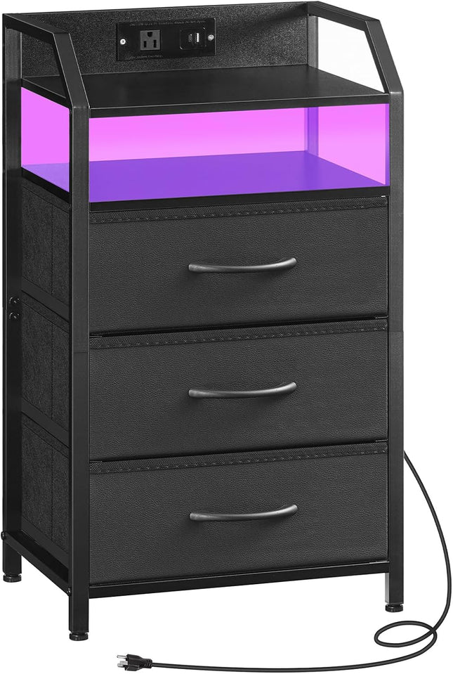 HOOBRO Nightstand with Charging Station, Bedside Table with AC Outlet, USB & Type-C, LED Light Strip, Fabric Drawer