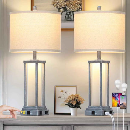 Cinkeda 27" Tall Vintage Table Lamp Set of 2 with USB C+A & Outlet,Gray Nightsta