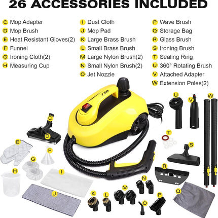TVD Steam Cleaner for Home, 5-Bar with 1.5L Tank & 26 Accessories, 320°F Chemical-Free Deep Cleaning, 1800W, Yellow