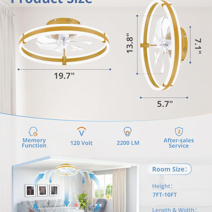 Ceiling Fans with Lights and Remote, 19.7'' Low Profile Ceiling Fans, 3000-6000K