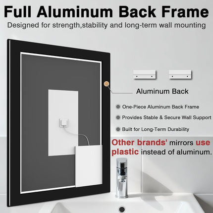 EchosLife 30x36 LED Bathroom Mirror with Lights - Black Framed, Front and Backli