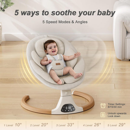 Monamii Bluetooth Baby Swing for Infants, 5 Sway Motions, 10 Melodies, Remote Control and Auto-Rocking, Light Beige