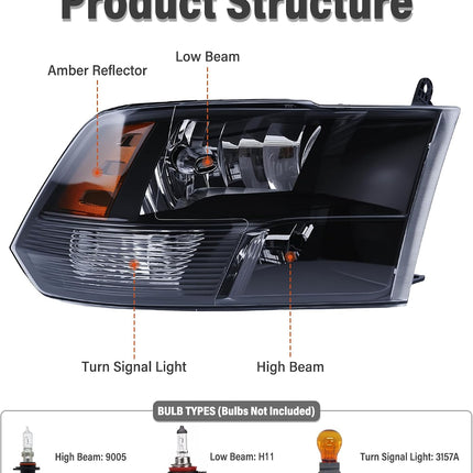 Headlight Assembly Compatible with 2009-2018 Dodge Ram 1500/2010-2018 Dodge Ram