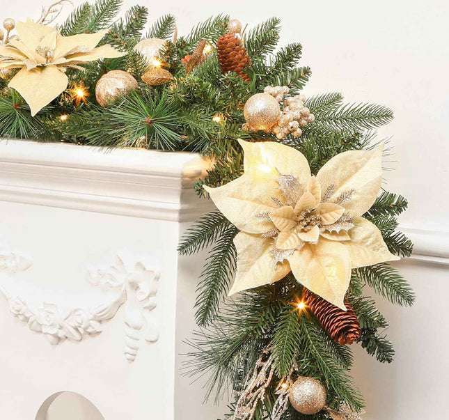 SHareconn 9FT Prelit Christmas Garland Decorations with Multi-Color LED Lights, Battery-Operated Timer, Lighted Garland with Ball Poinsettia for MantleTable Fireplace Stairs Railing Indoor Decor