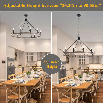 ZJVAIVE 12-Light Black Wagon Wheel Chandelier, 38''Rustic Farmhouse Chandelier,R