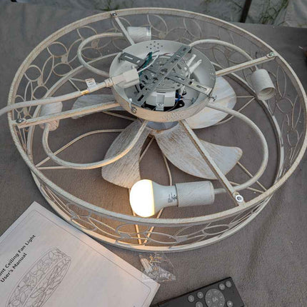 LEDIARY 23 Inch Caged Ceiling Fans with Lights, White Flush Mount Ceiling Fan wi