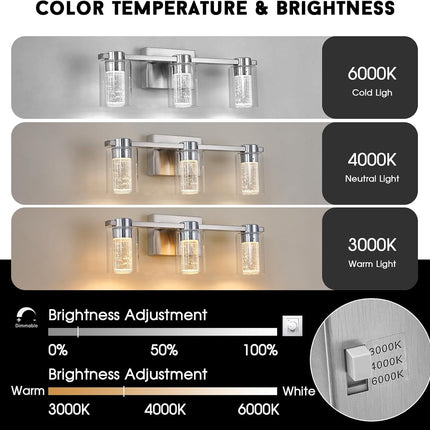 Eatich 3-Light Brushed Nickel Vanity Light, 3000K/4000K/6000K Crystal Bathroom L