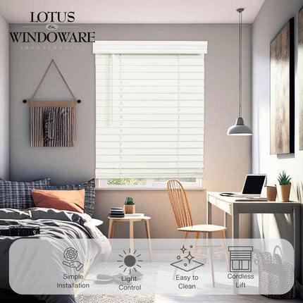 LOTUS & WINDOWARE Cordless 2-inchFaux Wood Blind 23" Wide x 36" Long,(Soft White