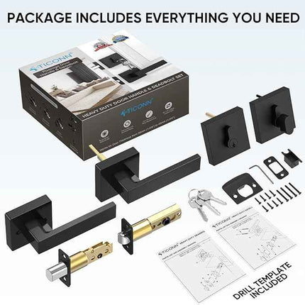 TICONN Matte Black Door Handle Heavy Duty, Reversible Square Door Lever for Bedr