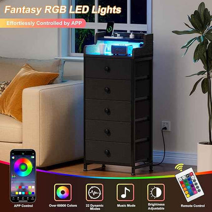 REAHOME Dresser for Bedroom with Charging Station and LED Lights, 5 Drawers Dres
