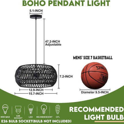 Black Rattan Light Fixture Drum Pendant Light Dinning Room Lighting Boho Chandel