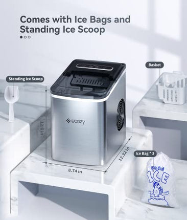 ecozy Portable Ice Maker Countertop, 9 Cubes Ready in 6 Mins, 26.5 lbs in 24 Hou