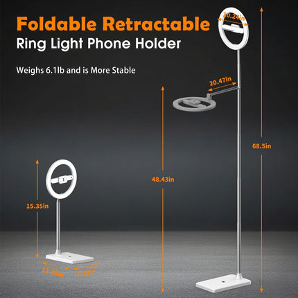 68.5" Overhead Phone Mount Tripod with Ring light, 3000mAh Rechargeable Foldable