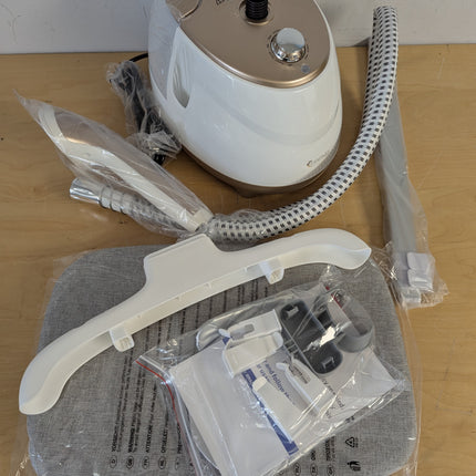 HAPAIS 1800W Standing Garment Steamer with Adjustable Double Pole, 2L Tank, 10 Fabric Settings, White Gold