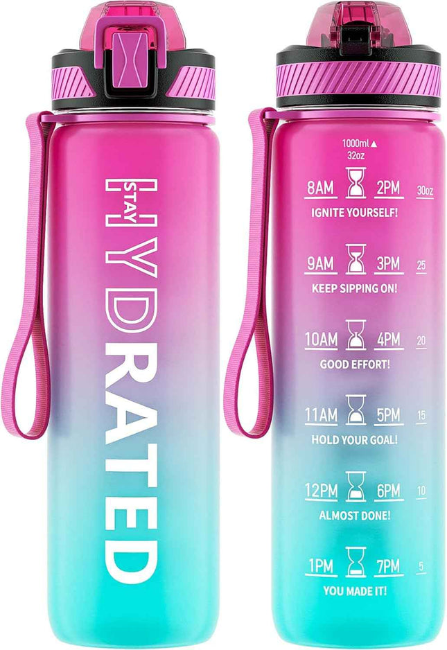 QLUR Water Bottle with Straw, 32oz Sports Motivational Water Bottle with Time Ma