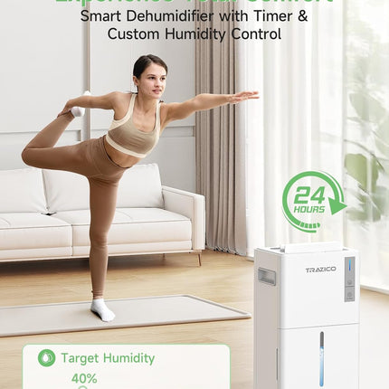 Trazico 21 Pint Dehumidifier for Basement & Home up to 1500 Sq Ft, 3 Smart Modes, 24H Timer, Continuous Drain, Quiet