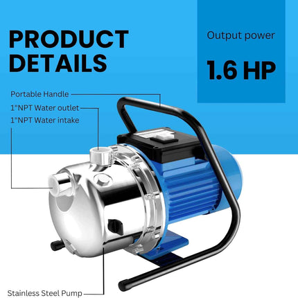 FOTING 1.6HP Shallow Well Pump, 1215GPH 115V Portable Garden Pumps, Stainless St