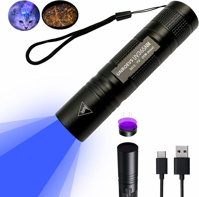 UNROEVS UV Flashlight Rechargeable 365nm Black Light for Pet Urine Detection,Sma