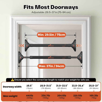 Sportneer Pull Up Bar: Strength Training Chin up Bar without Screws - Adjustable 29.5''-37'' Width Locking Mechanism Pull-up Bar for Doorway - Max Load 440lbs for Home Gym Upper Body Workout, Non-slip