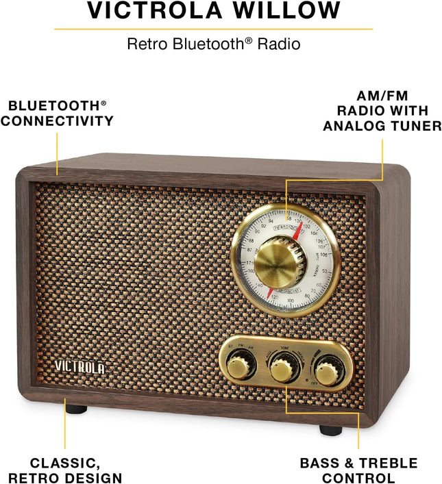 Victrola Willow – Retro Wood Bluetooth Radio with Built-in Speakers: Elegant & V