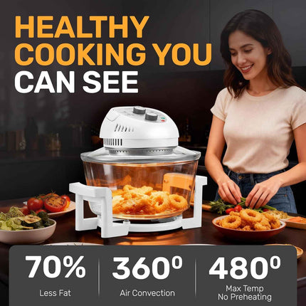 Granitestone 16 Qt Glass Air Fryer Oven Non Toxic, Oil-Less Air Fryer, 16 Quart, 1300W with Built in Timer, Self Clean Function, Dishwasher Safe, Includes 50+ Recipe Book - White