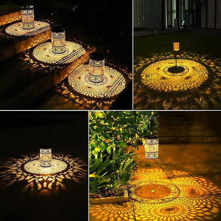 Freekite 2 Pack Solar Lanterns for Outdoor, Hanging Moroccan-Style Garden Lights with Ground Stakes, Auto Dusk-to-Dawn