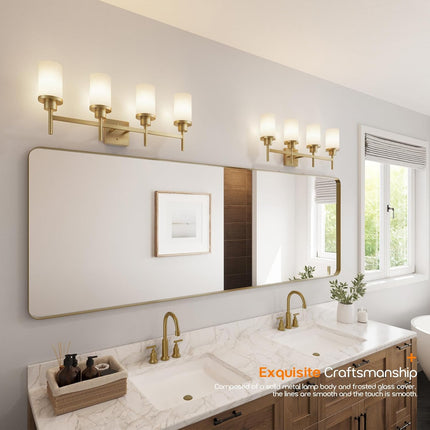 AONEON Wall Light Fixtures 4-Light Over Mirror, Gold Vanity Lights with White Fr