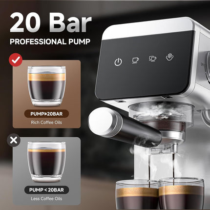 AMZCHEF 20 Bar Espresso Machine, Compact Stainless Steel Coffee Maker with LED Touch Screen & Milk Frother, Nickel