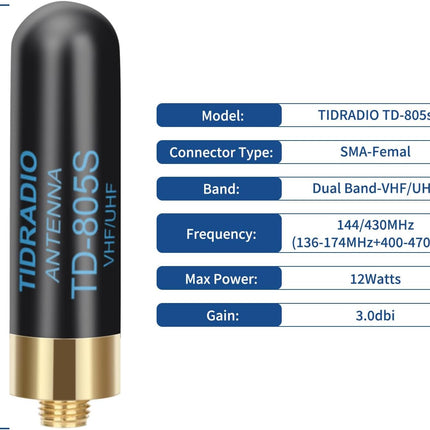 TIDRADIO TD-805S SMA-F Ham Radio Antenna 1.95 Inch Dual Band VHF/UHF 144-430MHz