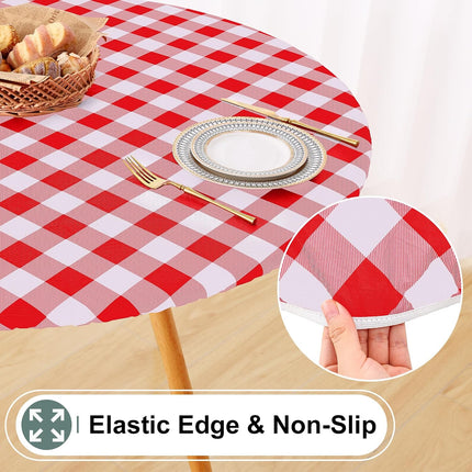 misaya Round Fitted Tablecloth with Elastic Edge, Buffalo Plaid Waterproof Vinyl