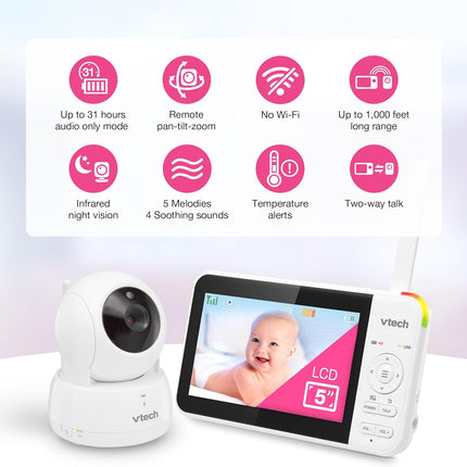 VTech VM924-2 Pan & Tilt Video Baby Monitor with 2 Cameras, 5" LCD Screen, Up to