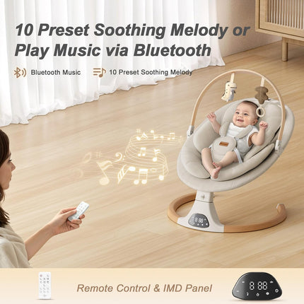 Monamii Bluetooth Baby Swing for Infants, 5 Sway Motions, 10 Melodies, Remote Control and Auto-Rocking, Light Beige