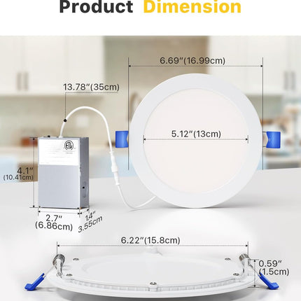 Ensenior 6Inch LED Recessed Slim Pot Light with Junction Box, 2700K/3000K/3500K/