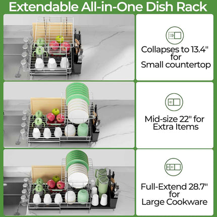 Large 2 Tier Dish Drying Rack, Extendable Dish Rack, Stainless Steel Anti-Rust D