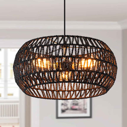 Black Rattan Light Fixture Drum Pendant Light Dinning Room Lighting Boho Chandel