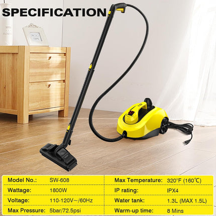 TVD Steam Cleaner for Home, 5-Bar with 1.5L Tank & 26 Accessories, 320°F Chemical-Free Deep Cleaning, 1800W, Yellow