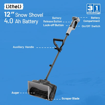 Litheli Cordless Snow Shovel, 20V 12'' Brushless Electric Snow Blower for Drivew