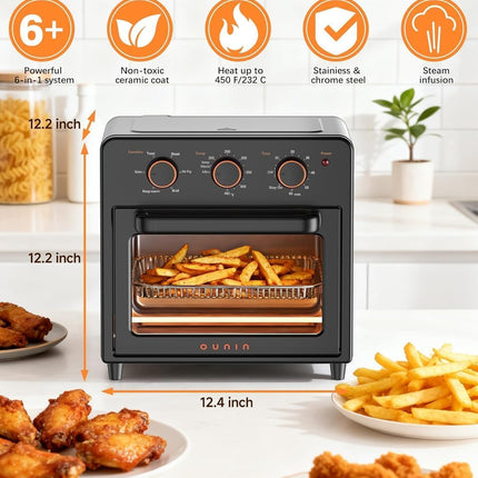 OUNIN Air Fryer Toaster Oven with Steam Infusion, 12L Countertop Oven, 6-in-1 Bake, Broil, Grill & Air Fry, Black