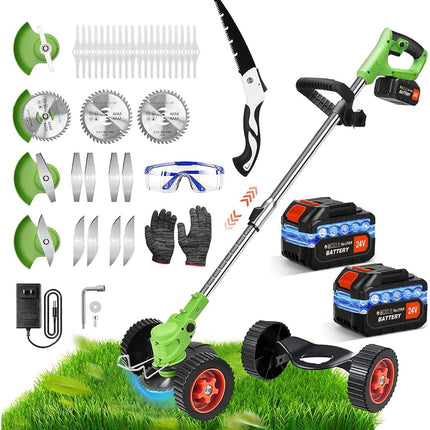 MUKHSIN Battery Powered Weed Wacker with Wheels, 650W Cordless Grass Trimmer, Telescopic Pole, 3-in-1 Blades (No Gloves)