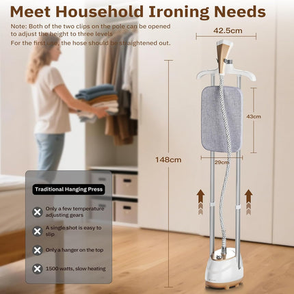 HAPAIS 1800W Standing Garment Steamer with Adjustable Double Pole, 2L Tank, 10 Fabric Settings, White Gold