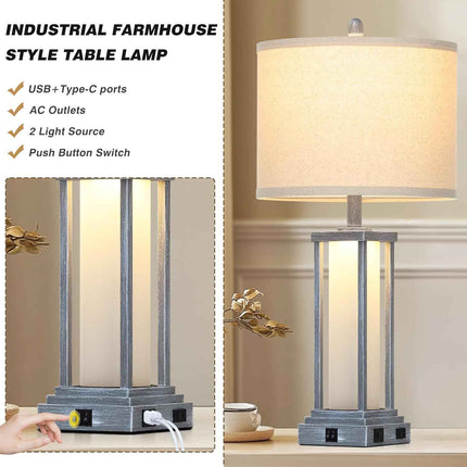 Cinkeda 27" Tall Vintage Table Lamp Set of 2 with USB C+A & Outlet,Gray Nightsta