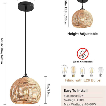 Mlihove Rattan Pendant Light 1-Light with Hand-Woven Shade 9.8inch, Rattan Light